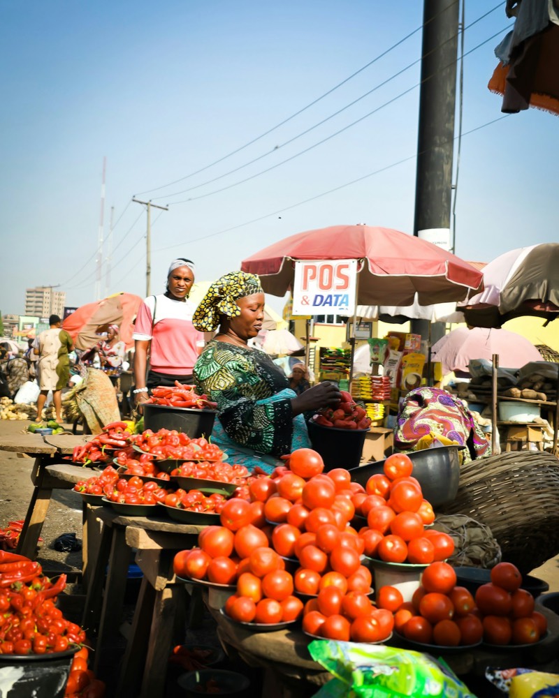 A trader selling fresh tomatoes at a busy Ghanaian market